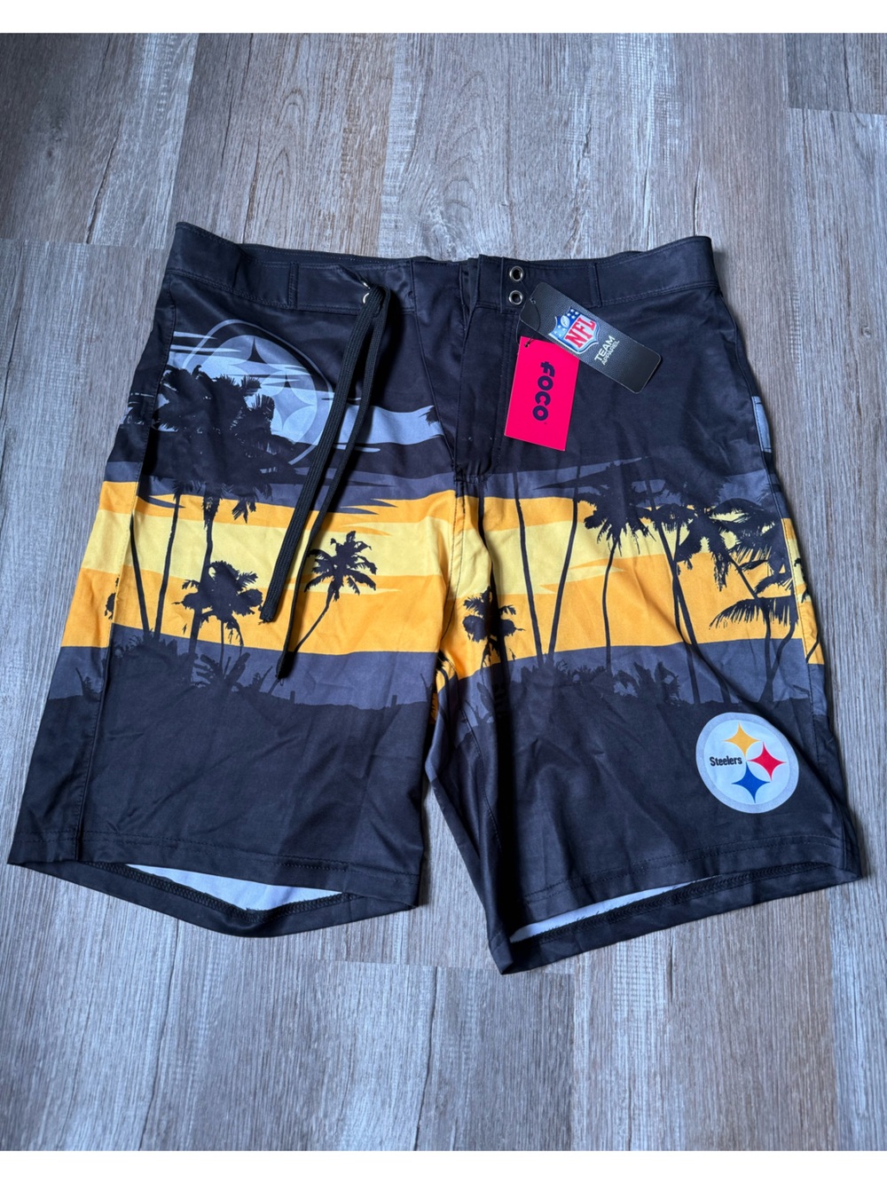 NFL Pittsburgh Steelers Palm Tree Sunset Board Shorts Swim Trunks Black Yellow M
